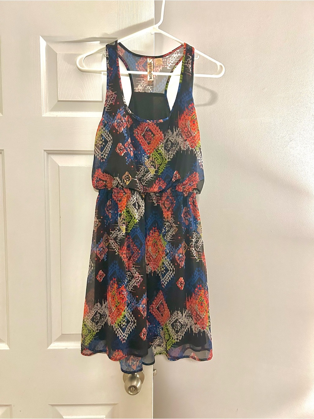 Eyeshadow Sheer Printed Tank Dress in Navy, Coral, Lime & Royal Blue